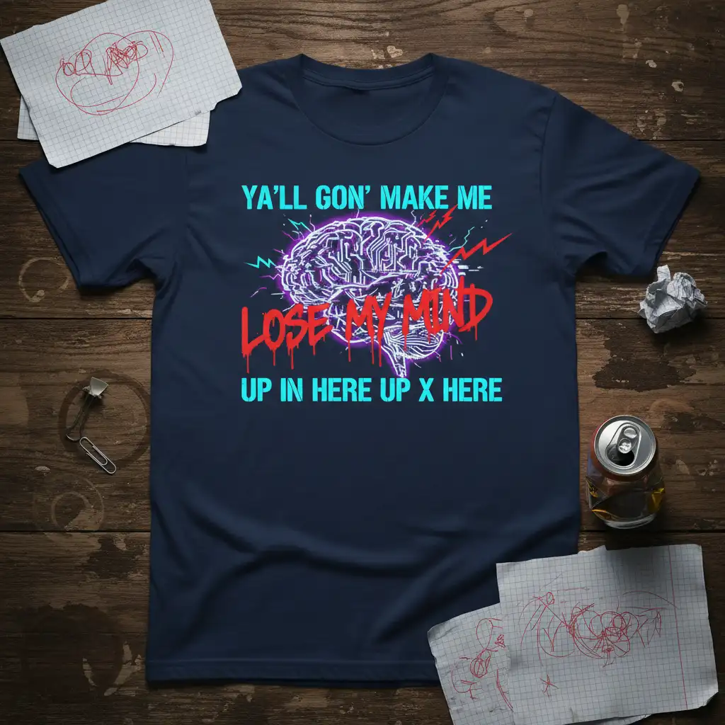Ya'll Gon' Make Me Lose My Mind quote with neon electric brain graphic on t-shirt