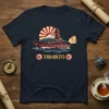 Yamato battleship firing its cannons with Mount Fuji and rising sun in the background on a navy blue t-shirt