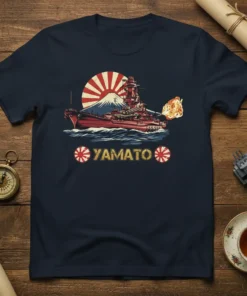 Yamato battleship firing its cannons with Mount Fuji and rising sun in the background on a navy blue t-shirt