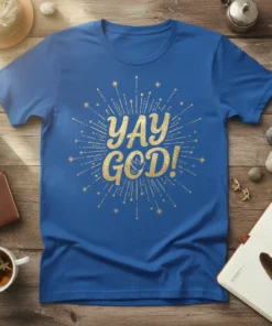 Blue t-shirt with gold glitter "YAY GOD!" text and a dove graphic, surrounded by starburst design