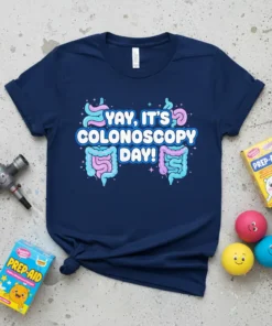 Navy blue t-shirt with "YAY, IT'S COLONOSCOPY DAY!" in colorful text and cartoon intestines graphic