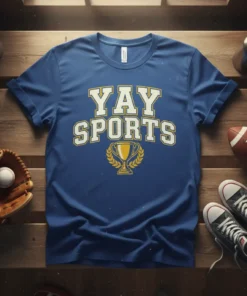 Blue t-shirt with "YAY SPORTS" in white and gold lettering, featuring a golden trophy and laurel wreath graphic