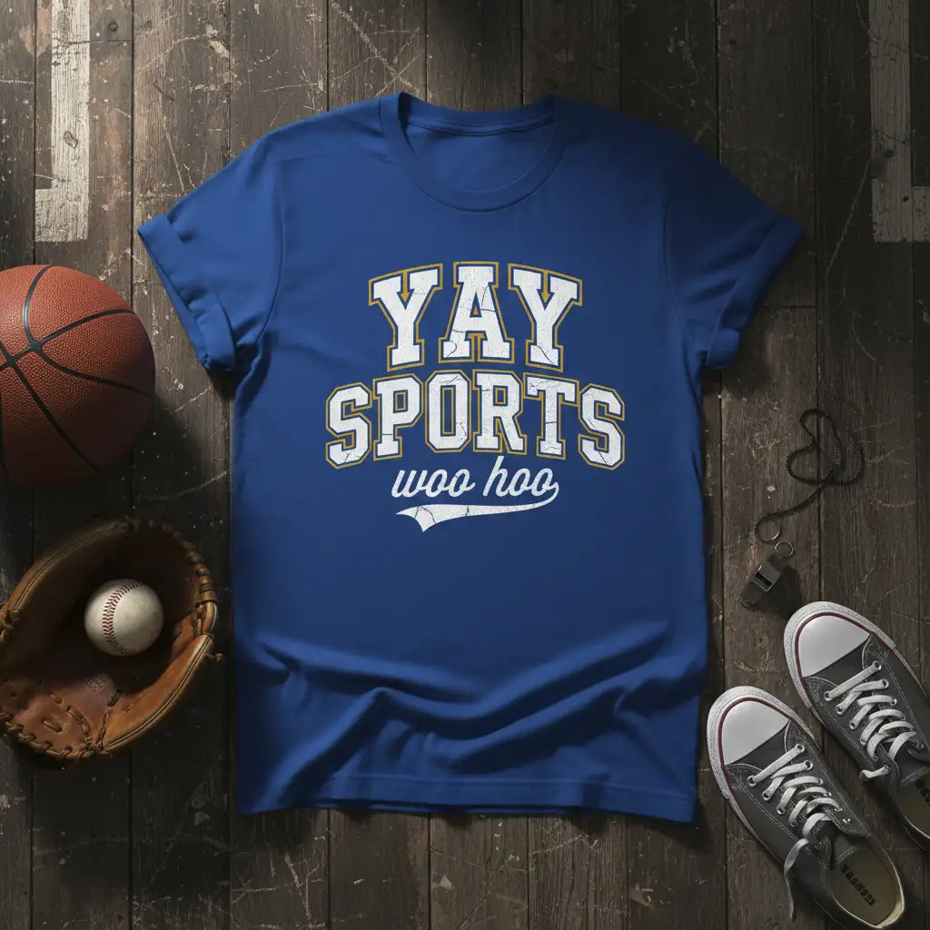 Yay Sports woo hoo collegiate text design on a royal blue t-shirt, perfect for sports fans
