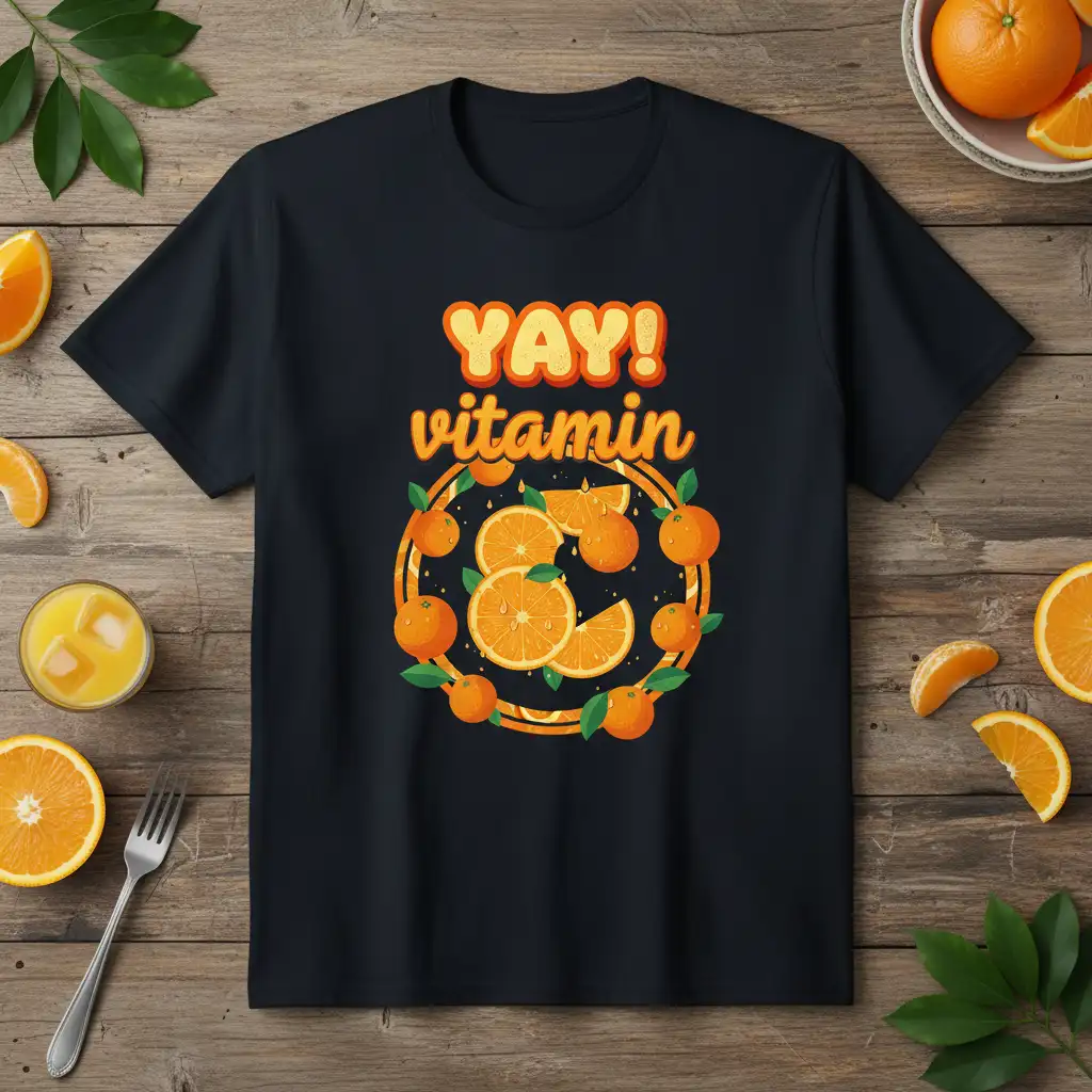 YAY! Vitamin text and orange fruit graphic on a black t-shirt, perfect for summer vibes