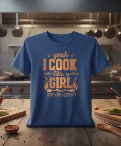 Yeah I Cook Like A Girl (Try And Keep Up) text design on a blue t-shirt with cooking graphics