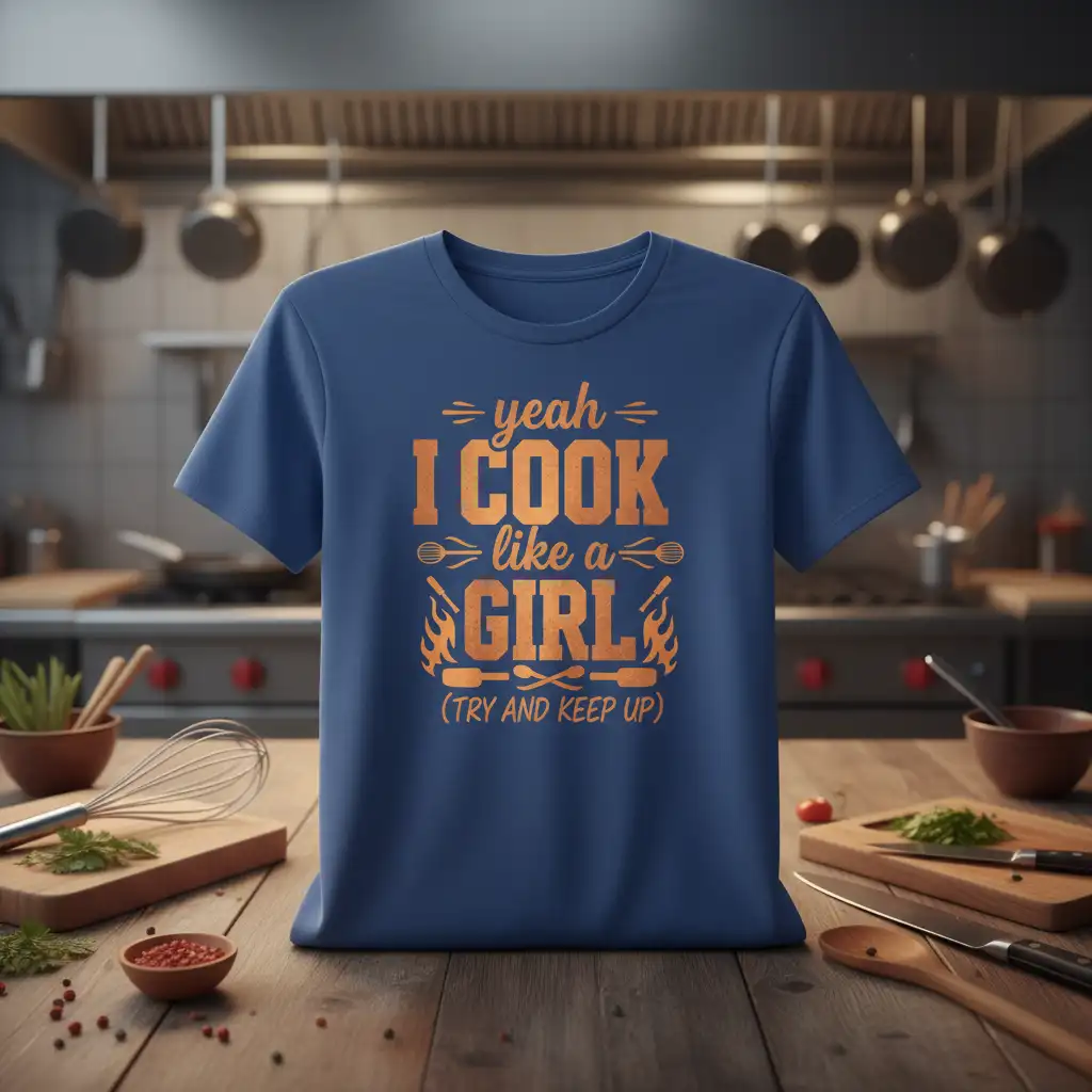 Yeah I Cook Like A Girl (Try And Keep Up) text with flaming graphics on a blue t-shirt