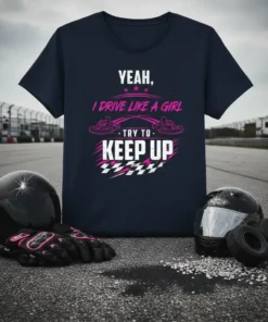 Yeah, I Drive Like A Girl Try To Keep Up text with go-kart graphics on a navy t-shirt