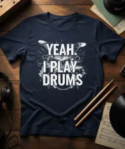 YEAH. I PLAY DRUMS text with a graphic of a drum kit and drumsticks on a navy blue t-shirt
