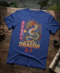 Year of the Dragon 2024 t-shirt with a colorful dragon graphic and Chinese text 龍年 and 2024