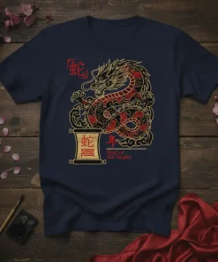 Year of the Snake t-shirt with a detailed red and gold Chinese dragon illustration and text