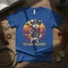 YEE-HAW, PARTNER! text with a corgi dressed as a cowboy holding a gun on a blue t-shirt