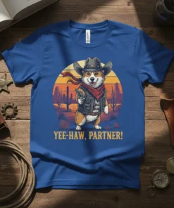 YEE-HAW, PARTNER! text with a corgi dressed as a cowboy holding a gun on a blue t-shirt
