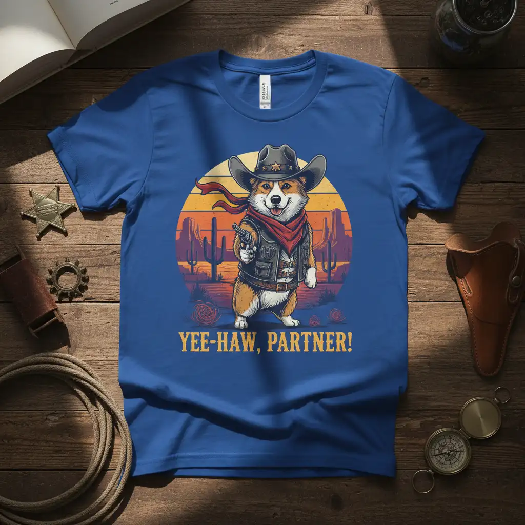 YEE-HAW, PARTNER! text and corgi cowboy graphic on a blue tee, desert sunset theme