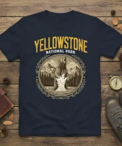 Yellowstone National Park T-Shirt with a vintage-style graphic of a bear roaring in water, surrounded by mountains and trees