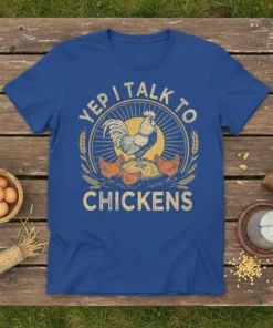 Yep I Talk To Chickens t-shirt design featuring a rooster and hens with distressed vintage typography