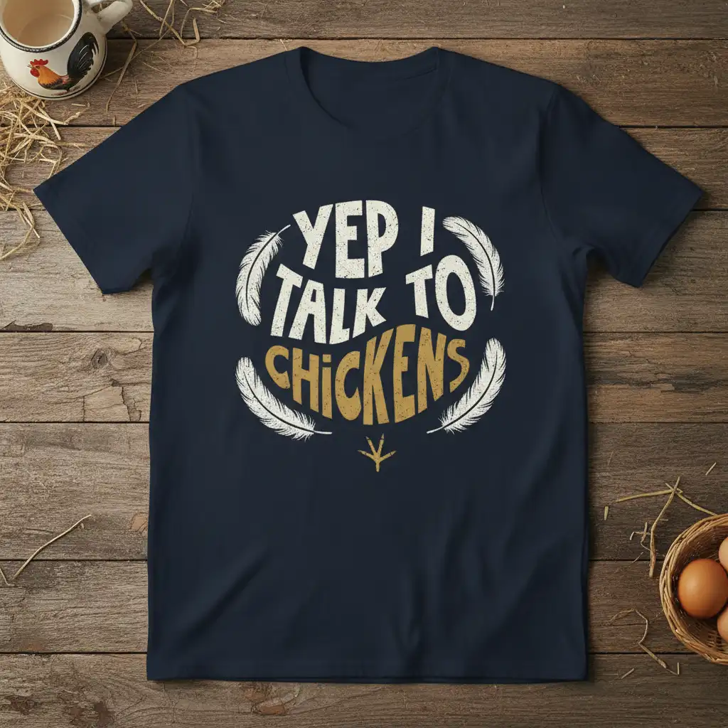 Yep I Talk To Chickens quote design with feathers and chicken footprint graphic on a navy blue shirt