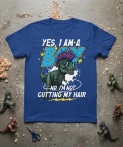 T-Rex dinosaur with mohawk and sunglasses, text reads "YES, I AM A BOY NO, I'M NOT CUTTING MY HAIR" on