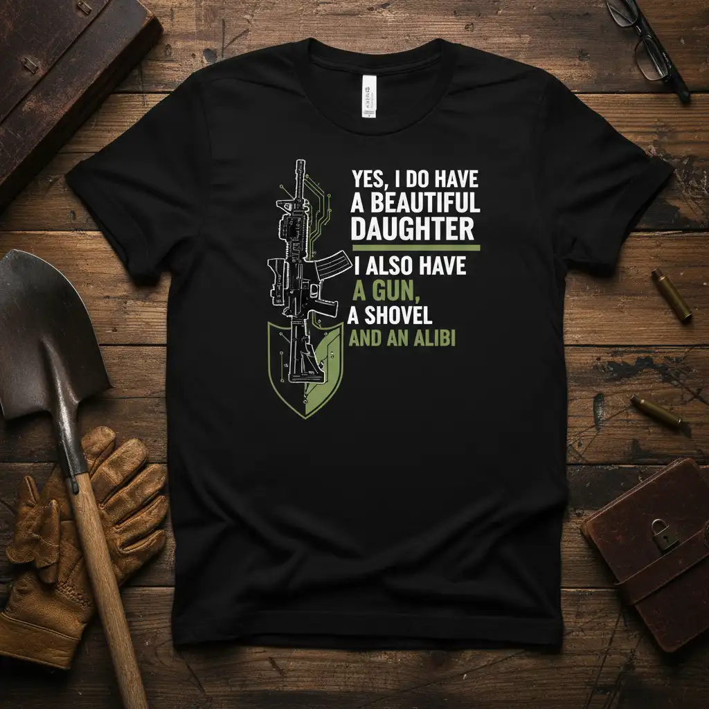 Yes, I Do Have A Beautiful Daughter I Also Have A Gun, A Shovel and An Alibi quote t-shirt with rifle and