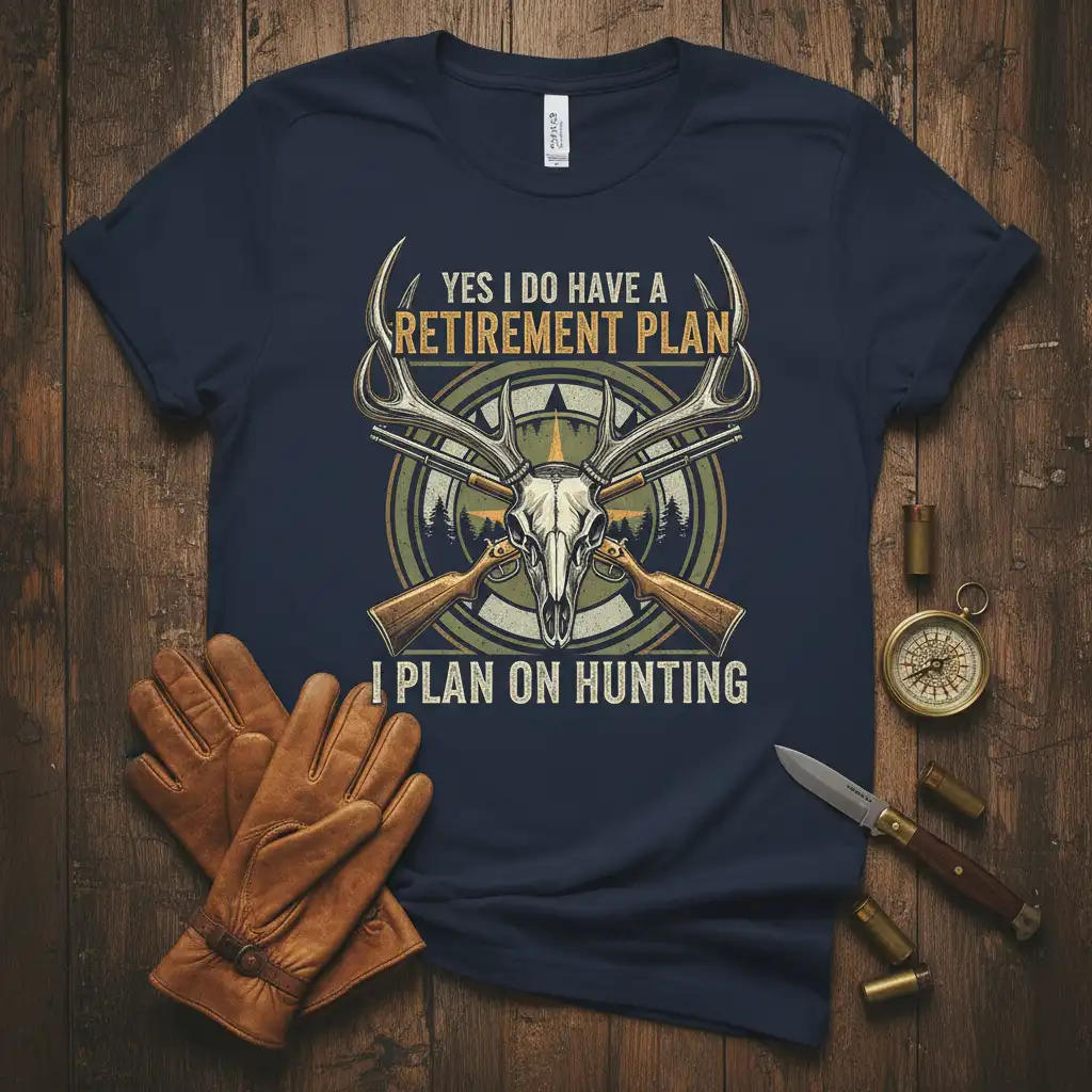 Yes I Do Have A Retirement Plan I Plan On Hunting quote with deer skull and crossed rifles design