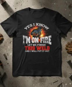 Black t-shirt with "Yes I Know I'm On Fire Let Me Finish This Weld And I Will Put It Out"