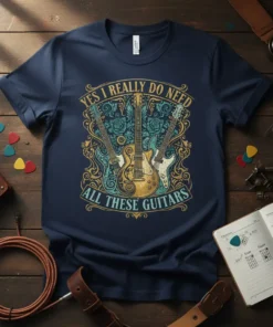 Navy t-shirt with the text "YES I REALLY DO NEED ALL THESE GUITARS" above and below three stylized electric guitars