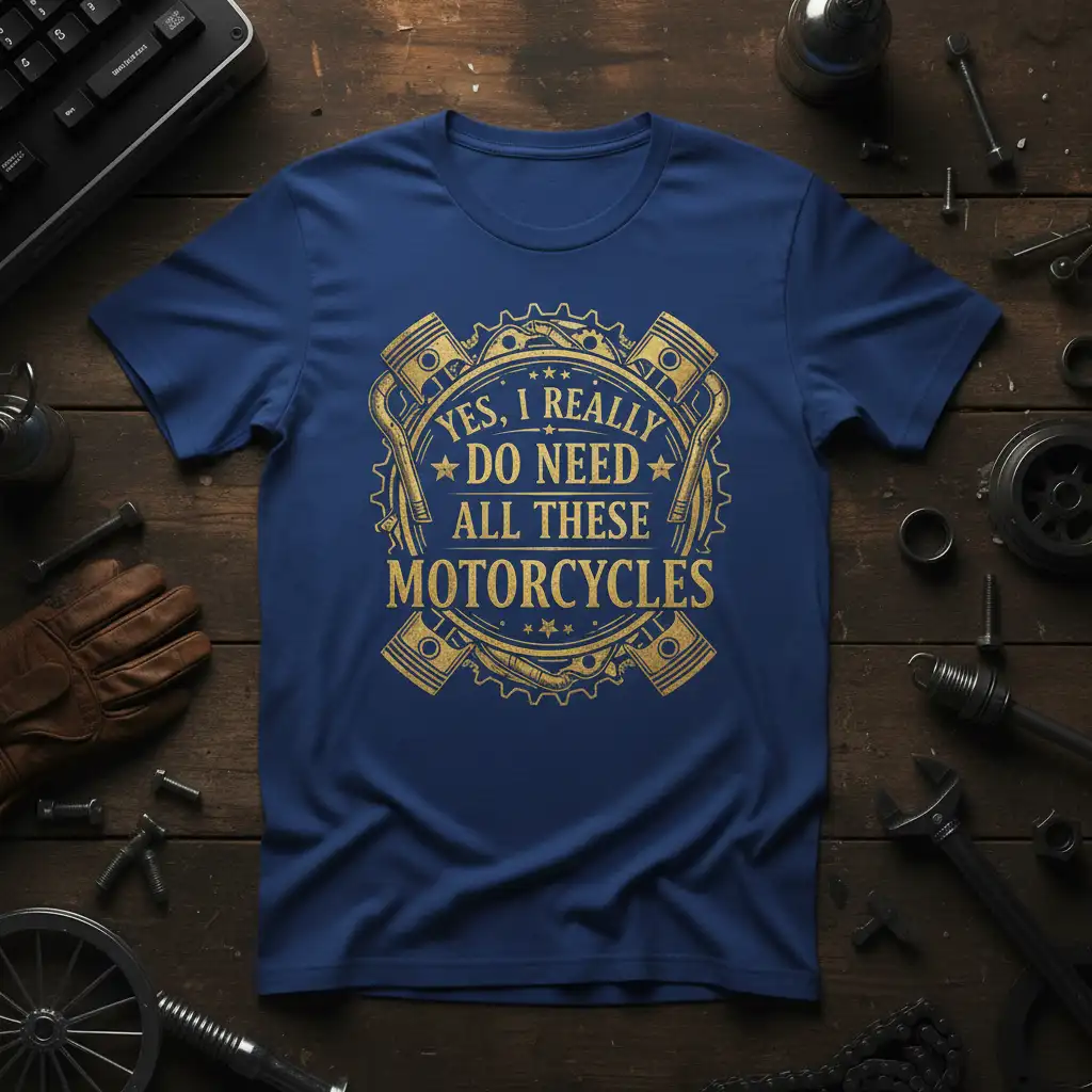 Gold distressed text YES, I REALLY DO NEED ALL THESE MOTORCYCLES with piston and gear graphics on a blue tee