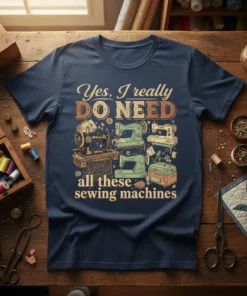 Yes, I really DO NEED all these sewing machines quote t-shirt featuring vintage and modern sewing machines graphic