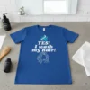 YES! I wash my hair! quote with wavy hair graphic on a blue t-shirt
