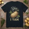 Yes I Yam I Yam potato t-shirt with vintage illustration of a potato surrounded by leaves and flowers