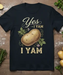 Yes I Yam I Yam potato t-shirt with vintage illustration of a potato surrounded by leaves and flowers