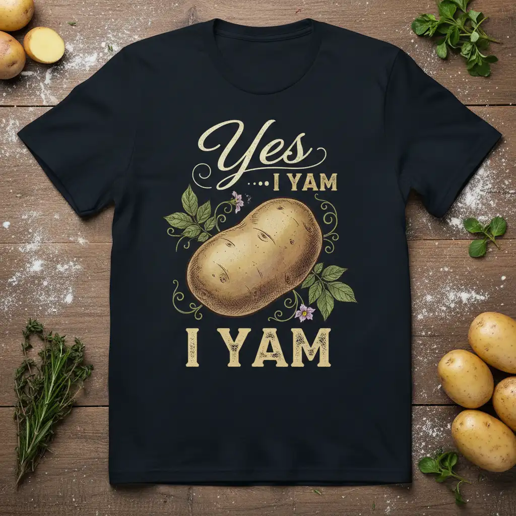 Yes I Yam I Yam humorous potato quote on a dark t-shirt with a botanical illustration