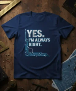 Navy blue t-shirt with white text "YES. I'M ALWAYS RIGHT." and a blue circuit board graphic