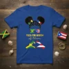 T-shirt design with text "YES I'M BOTH of them," featuring sunglasses with Jamaican and Puerto Rican flags and hands forming