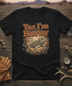 Yes I'm Horny t-shirt with a detailed bearded dragon graphic and thorny vine border