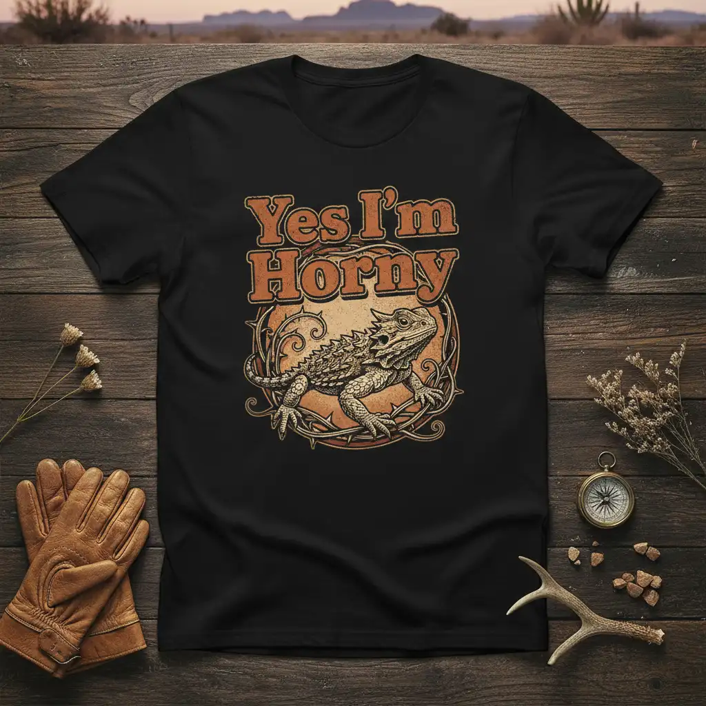 Yes I'm Horny t-shirt design featuring a bearded dragon and thorny circular border