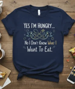 Yes I'm Hungry... No I Don't Know What I Want To Eat quote on a navy t-shirt with spoon and