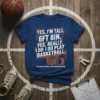 Navy t-shirt with white text: "YES, I'M TALL. 6FT 8IN. YES, REALLY. I DO I DO PLAY BASKETBALL." and a