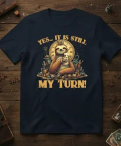 Sloth wearing a crown holding a mug with text "Yes... It Is Still My Turn!" surrounded by dice and figures
