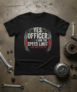 Black t-shirt with white and red text: "YES OFFICER, I SAW THE SPEED LIMIT I JUST DIDN'T SEE YOU" and