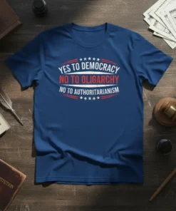 Blue t-shirt with white and red text reading "YES TO DEMOCRACY NO TO OLIGARCHY NO TO AUTHORITARIANISM" in an oval