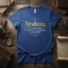 Yeshua. The Sametoday, Tomrrday, Tomorrow & Forever quote on a royal blue t-shirt with gold metallic lettering and geometric design