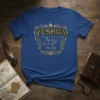 Yeshua The Way The Truth The Life quote on a royal blue t-shirt with gold ornate frame