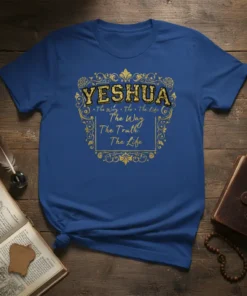 Yeshua The Way The Truth The Life quote on a royal blue t-shirt with gold ornate frame