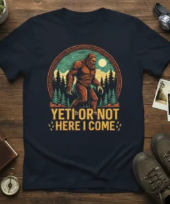 Yeti or Not Here I Come Bigfoot T-Shirt with a vintage forest scene and cryptid graphic