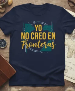 Navy t-shirt with yellow text "YO NO CREO EN Fronteras" inside a graphic resembling a broken brick wall and a