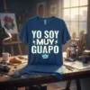Blue t-shirt with white text "YO SOY MUY GUAPO" and a small crown graphic below