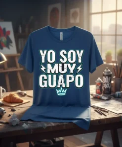 Blue t-shirt with white text "YO SOY MUY GUAPO" and a small crown graphic below