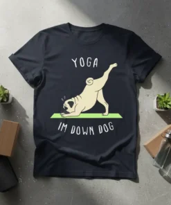 Yoga Im Down Dog t-shirt design with a pug in a yoga pose and white text