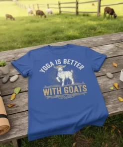Blue t-shirt with "Yoga Is Better With Goats" text and a graphic of a goat wearing a flower crown