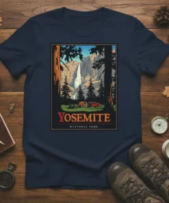 Yosemite National Park vintage travel poster design featuring a waterfall, trees, and camping scene on a navy t-shirt